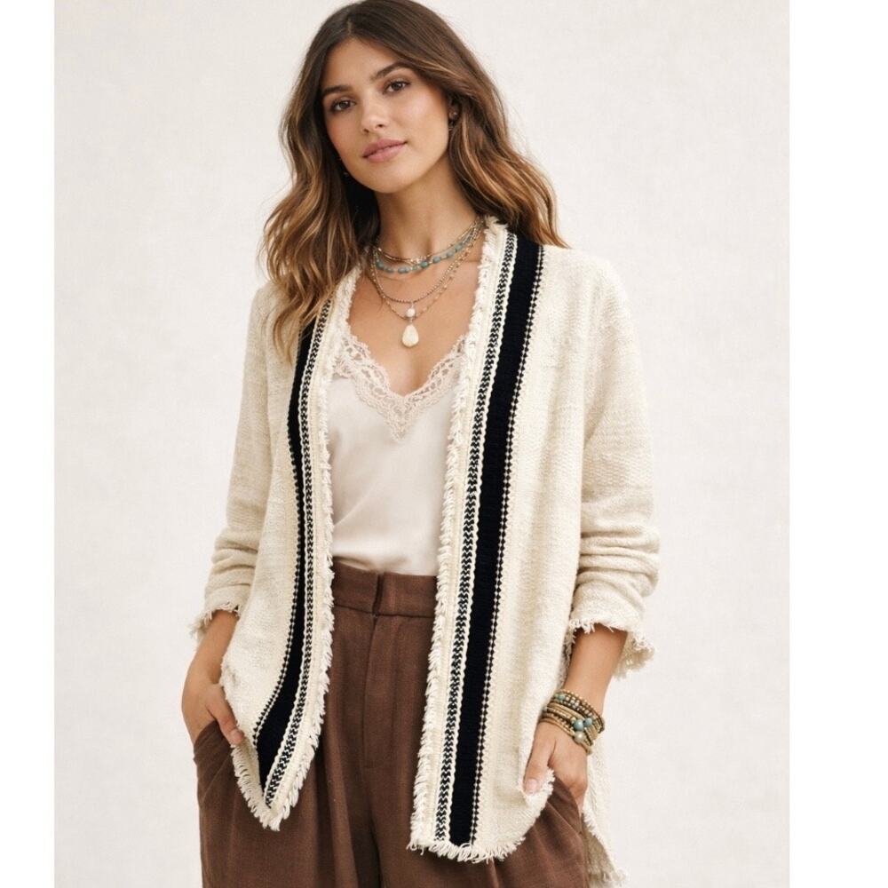 Chico’s Cream Textured Boho Duster Cardigan Cotton Blend Size 3/ XL